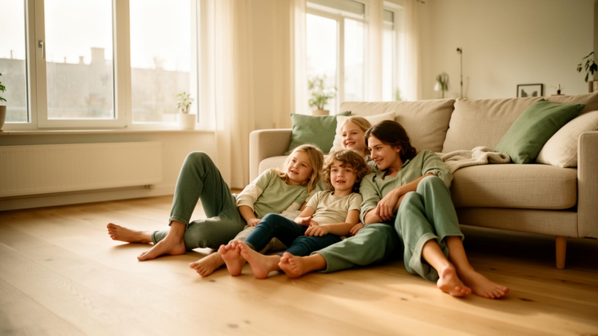 Familie entspannt in einem warmen, modernen Wohnzimmer